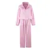 Moda estilo europeo versátil holgado adelgazante rosa satín cremallera chaqueta deportiva cintura elástica pantalones de pierna ancha conjunto mujer
