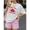 Camiseta de Verano Nueva de Exportación Transfronteriza Europea y Americana de Cuello Redondo y Manga Corta con Estampado de Patrón de Letras de Fresa para Mujer