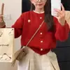Cárdigan de punto coreano dulce para otoño e invierno, nuevo, cuello redondo, con diseño de flor de hongo, suave, rejuvenecedor, con efecto adelgazante y suéter versátil de color liso