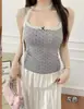Top de alça fina com bojo de peça única e gola alta de renda com estampa de bolinhas, design doce e ousado, para mulheres, com laço, para usar por dentro e por fora