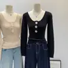 Suéter de cuello en U absolutamente impresionante y hermoso, camiseta base tejida para mujer, nueva prenda interior ajustada de otoño e invierno
