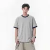 Camiseta Retro Americana de Verão Masculina Cor Sólida Versátil Gola Redonda Masculino Adolescente Simples Bloco de Cores Personalidade Camiseta Pulôver