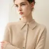 Cardigan de tricô liso de manga comprida para outono/inverno, novo estilo, com gola de lapela, elegante e adequado para o trabalho.