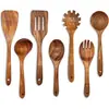 Espátula Pequeña de Madera de Acacia, Espátula de Madera para Sartén Antiadherente, Cuchara Sopera de Madera con Mango Largo, Cuchara Pequeña de Madera para Arroz, Juego de Espumadera para Fideos de Madera de Teca
