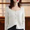 Cárdigan de punto trenzado de color liso estilo vintage para mujer con manga larga, Nuevo de Verano 2027 Abrigo Suéter Cuadrado Francés