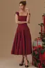 Otoño Nuevo 2025 Amazon Europeo y Americano Más Vendido Cuello de Una Línea Francés Color Sólido Falda Midi de Vuelo Grande Falda de Cintura con Tirantes