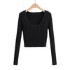 Outono e Inverno Nova Moda Europeia e Americana Cor Sólida Torção Gola U Tricô Manga Longa Camiseta Cardigan W4659 Fashionável e Versátil