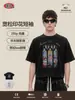 Camiseta de Manga Corta para Hombre Waffle Tejido Lavado y Desgastado Raglán Corte Holgado Estilo Americano Marca de Moda Estampado de Vidrieras de Iglesia.