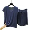 Conjunto de dos piezas para mujer: camiseta de manga corta con cuello en V y pantalones cropped de cintura alta con cordón y volantes, hecho de modal, corte holgado, ropa de estar talla grande