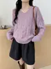 Suéter retro para mujer para otoño e invierno, estilo holgado y simple, nuevo jersey de punto con cuello en V y manga larga para mujeres petite