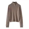 Suéter de cachemira casual para mujer, de cuello semi alto y tres botones, grueso y cálido para otoño e invierno, con un elegante diseño de punto trenzado