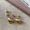 Pendientes de Plata Cepillada con Perla en Forma de Corazón de Alto Sentido Francés Dos Formas de Usar Moda Vintage de Lujo Ligero Pendientes Versátiles Pendientes