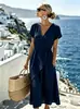 Vestido transpassado feminino liso com decote V, estilo europeu e americano, estilo resort com cintura de amarração e saia midi esvoaçante