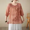 Camisa vintage bordada de estilo chino artístico, corte holgado, adelgazante, ligera, top de manga corta sin botones para verano