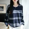 Camiseta Básica de Punto de Ganchillo Calada, Rayas Fair Isle Transfronterizas, Cuello Redondo, Corte Holgado para Mujer, Novedad de Otoño, Top de Punto Versátil