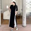 Foto real en stock 2025 verano nuevo/vestido de talla grande con costuras a color en contraste, casual, simple, holgado, de manga corta para mujer