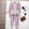 Pijama de Fleece Coral para Mulheres, Outono/Inverno Espessado Fofo de Flanela Roupa de Casa, Pode Ser Usado Fora, Conjunto de Cardigan com Mangas Longas e Robe