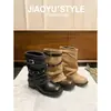 Botas femininas únicas estilo retrô com fivela de tachas, botas de salto grosso para tornozelo, botas de motociclista, botas western cowboy de verão para mulheres