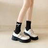 Sapatos pretos de couro de salto alto grosso estilo francês para mulheres atacado outono novo altura pequena para combinar com tudo sola grossa mocassins