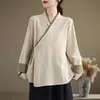 Roupa de Chá Estilo Zen Plus Size Solta de Algodão Estilo Chinês Retrô Gola Diagonal Amarrada Camisa Hanfu Melhorada Top Feminino