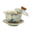 Tazón de tres tapas pintado a mano Geyao, taza para tostadas flotante, color azul y verde bajo vidriado, juego de té kung fu, se puede levantar, se puede abrir para hacer taza de té