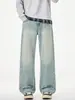 Calça Jeans Masculina Muqiu Retro Americano Estampada Floral Lavada Desgastada Masculina Dirtyfit Solta de Perna Reta Longa