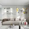 Nuevo estilo chino pintura a tinta pintura de paisaje pared de fondo de TV papel tapiz paisaje flor pájaro sala de estar sofá cine y televisión Mural de pared tela de pared