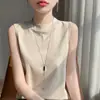 Chaleco de algodón simple de corte ajustado para mujer, con cuello medio alto, sin mangas, top base de punto para primavera y verano