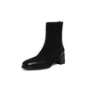 Botas de tornozelo estilo britânico com bico quadrado e patchwork, salto grosso de 5 cm, botas versáteis de corte baixo, botas curtas de moda femininas versáteis estilo retrô para a panturrilha.