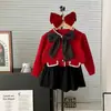 Nuevo Conjunto de Suéter Tejido para Niñas de Invierno 2025 Elegante Conjunto con Lazo Cardigan Tejido de Dos Piezas Moderno