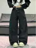 Jeans feminino Y2K de nicho, verde, com bordado pesado de rosas, perna larga, corte curvo, cintura alta, com caimento, solto, calça longa