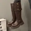 Outono 2026 Novo Estilo Botas Marrons de Cano Alto Solado Grosso Botas de Cavaleiro de Cano Alto Uso de Duas Maneiras Dobrável Salto Grosso Botas de Couro para Motocicleta Femininas