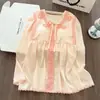 Pijama de mujer estilo princesa dulce para primavera y otoño, algodón con estampado de nubes y ribete de encaje, de manga larga, con copas en el pecho, conjunto de ropa para casa, se puede usar fuera