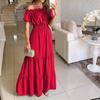 AliExpress cross-border europeu e americano comércio exterior novo verão gola de uma palavra manga curta longo feminino 7 cores vestido plissado feminino
