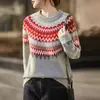 Suéter Jacquard Fair Isle 100% Lã para Mulheres, Gola Redonda, Tricô Grosso, Caimento Solto, Base de Cashmere Color-Blocked