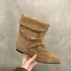 Encuentro de Primera Temporada 2026 Otoño Nuevas Botas Coreanas de Punta Fina Fruncidas para Mujer Gamuza Tacón Medio Adelgazantes Versátiles Botas de Moda Tobilleras Cortas