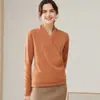 Suéter Feminino de Caxemira Cruzado Francês Gola V Cor Sólida Slim-Fit Emagrecedor para o Dia a Dia Pulôver Tricotado 100% Caxemira Manga Longa