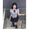 Uniforme JK Estilo College Feminino Blusa Acinturada Manga Curta Slim-fit Slim-fit Camisa Azul Fumaça Conjunto de Duas Peças