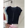 Gola de seda gelada, cardigan de malha oca, manga curta, feminino, verão 2024, novo, slimming, manga voadora, camiseta vermelha, top