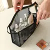 Bolsa de almacenamiento de malla con etiqueta de cuero, bolsa de almacenamiento de cosméticos de malla portátil, bolsa de almacenamiento de artículos de tocador con asa, bolsa de almacenamiento de viaje