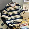Estampado Digital Nueva Camiseta de Manga Corta de Verano para Hombre Estudiante Deportes Retro Moda Holgada para Mujer Top Rayado