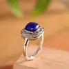 Anel Ajustável Vintage de Prata S925 com Lápis Lazúli em Formato de Cubo de Açúcar Novo Estilo Chinês Versátil