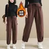 Fotos reales de pantalones tipo harén holgados, talla grande, casual de punto, forrados de polar y engrosados, estilo coreano, para mujer, invierno 2026