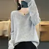 Suéter de punto con cuello en V transfronterizo para mujer, jersey de color liso de corte holgado, adecuado como prenda exterior, nuevo suéter corto de manga larga de otoño