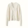 Cárdigan de punto elegante estilo francés con patchwork y ribete de flecos de encaje, cuello en V, 2026 Otoño/Invierno, Cachemira