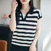 Nueva Camiseta de Punto de Manga Corta para Mujer Lyocell Cuello en V Bloque de Color Rayas Holgada Pullover Primavera/Verano 2026
