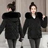 Chaqueta corta de plumón estilo coreano con cuello grande de pelo para mujer, otoño e invierno, corte holgado para figuras menudas, abrigo casual grueso y cálido