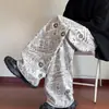 Calça Wide Leg de Veludo Estampada Vintage para Homens, Calça Longa Reta Solta Tendência para Primavera e Outono, Calça Casual com Caimento Estilo Americano
