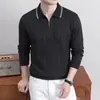 Camisa polo de manga larga con cuello acanalado jacquard para hombre, nuevo modelo de otoño 2026, camiseta casual de color liso con media cremallera para hombre