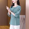 2024 Nuevo Estilo de Verano Camisa de Manga Corta de Cinco Puntos Holgada Bordada Adelgazante Madre de Mediana Edad Casual Suéter Superior Camisa Pequeña